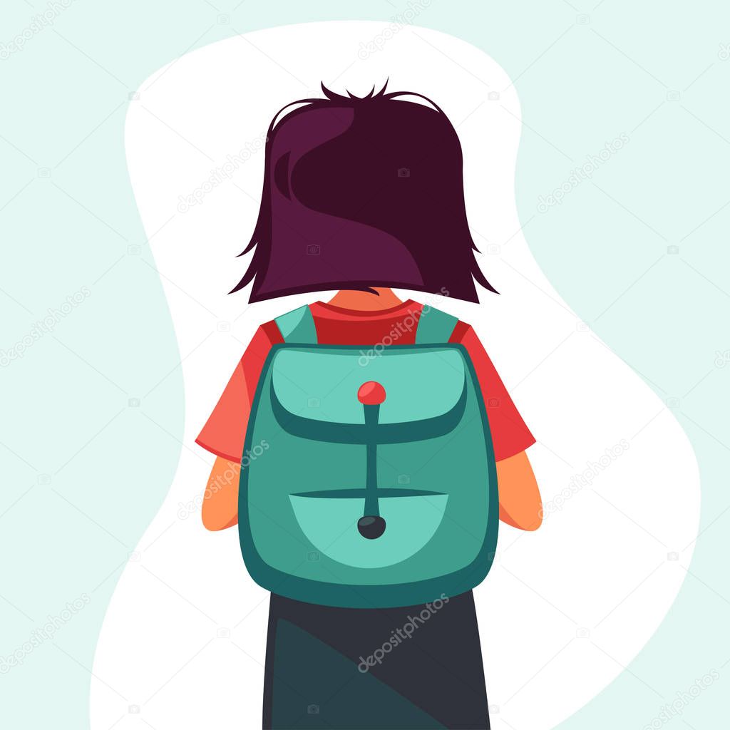 Back view of school girl with backpack on back, colorful vector character
