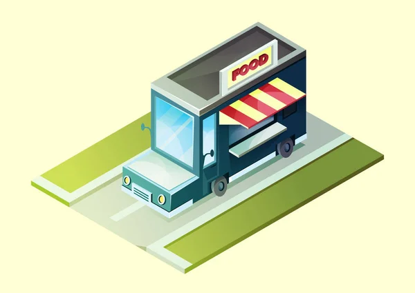 Isometrische Food Truck Vector Cartoon Illustratie Street Food — Stockvector