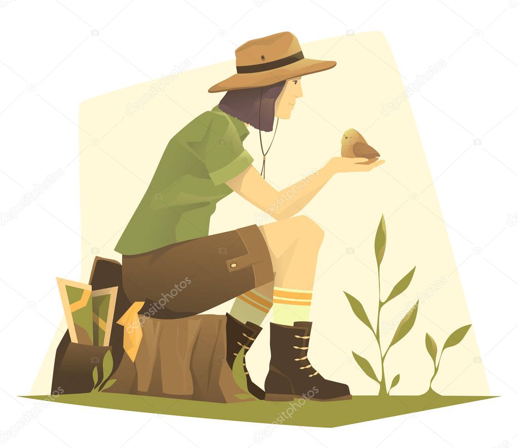 Cute traveler young girl with a bird. Explorer. Character design. Vector illustration.