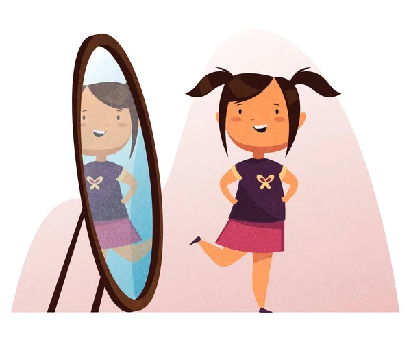 Cute Little Girl Flaunts Front Mirror Schoolgirl Preschooler Cartoon Vector — Stock Vector