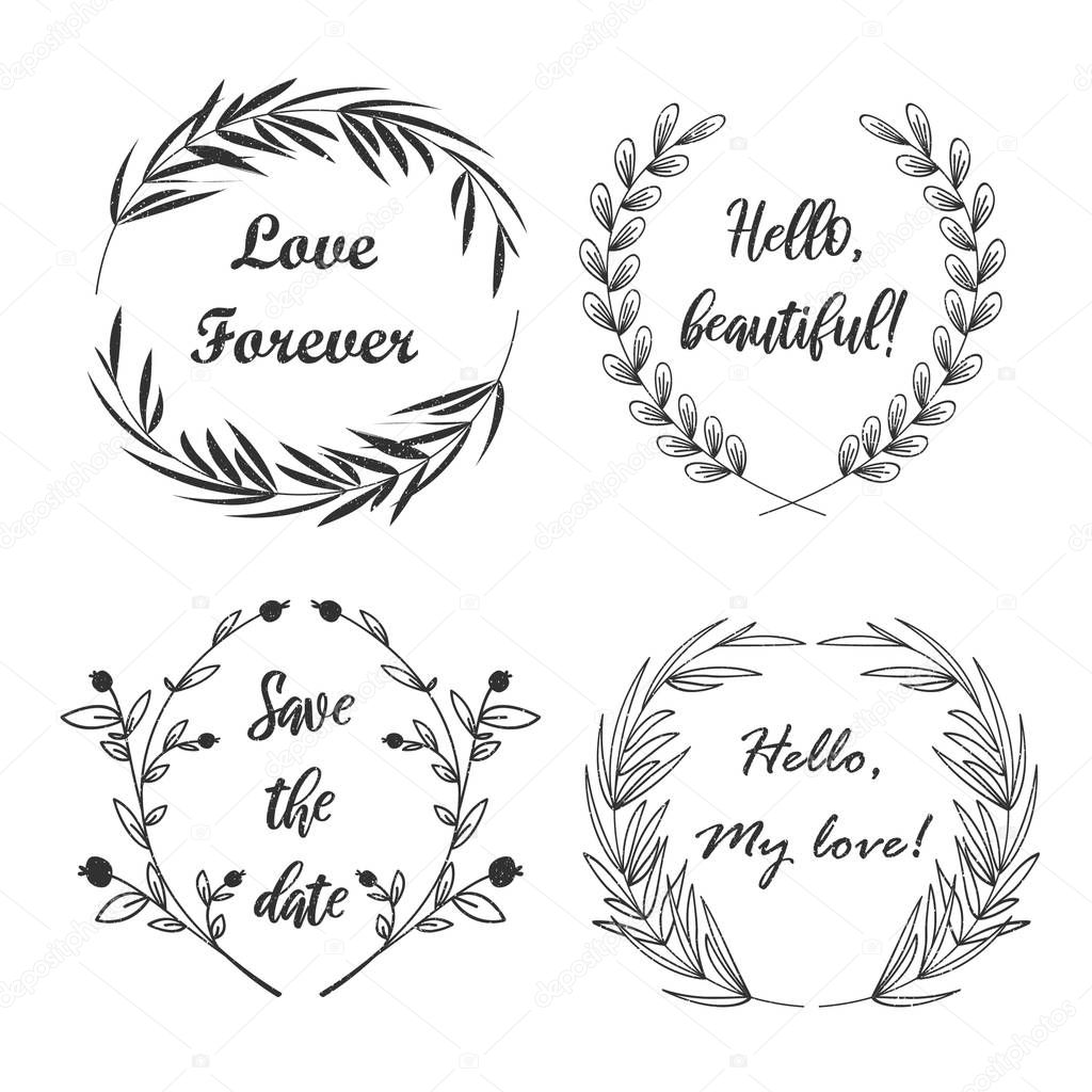 Cute rustic vector frames. Rustic wreath elements for your text. Logo. Shabby texture.