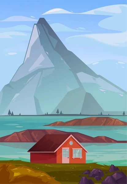 Linda Ilustración Una Casa Las Montañas Lago Agua Paisaje Naturaleza — Vector de stock