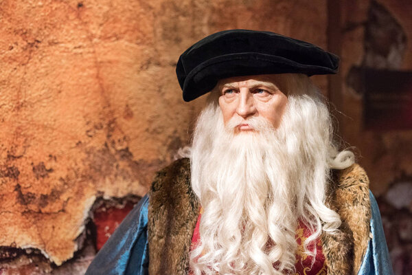 ISTANBUL, TURKEY - MARCH 16, 2017: Leonardo Da Vinci wax figure at Madame Tussauds  museum in Istanbul. Leonardo Da Vinci was an Italian polymath, true genius of the Renaissance period.