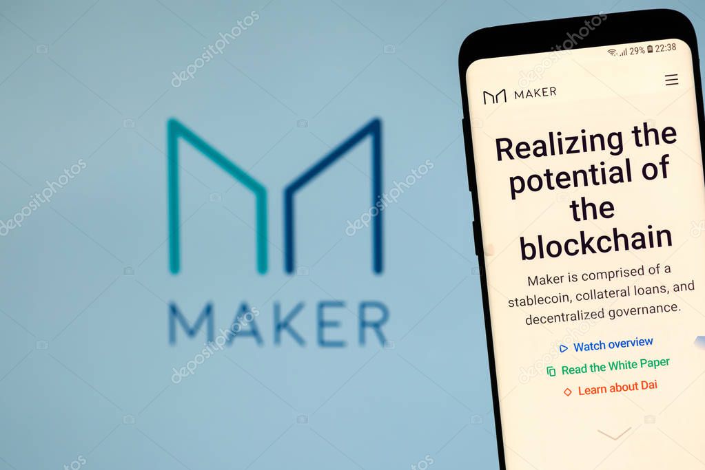 KYRENIA, CYPRUS - NOVEMBER 14, 2018: MAKER ( MKR ) cryptocurrency  website displayed on the smartphone screen.