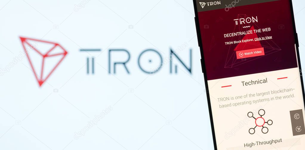 KYRENIA, CYPRUS - NOVEMBER 8, 2018: TRON ( TRX ) cryptocurrency website displayed on the smartphone  screen