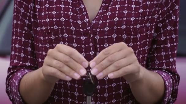 Girl Holding Key Her Hands New Car — Stock Video