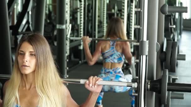 Όμορφη σπορ σέξι γυναίκα κάνει squat προπόνηση στο γυμναστήριο — Αρχείο Βίντεο