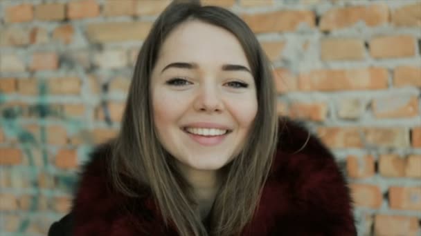 Retrato de una chica sobre un fondo de pared de ladrillo — Vídeos de Stock