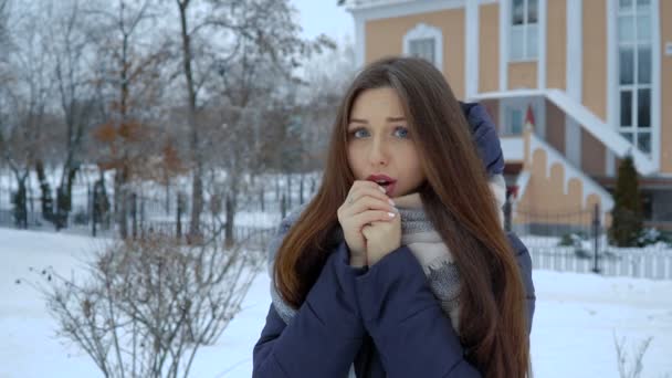 Ő felmelegíti a kezét a téli állt a hó. Teljes hd-videó — Stock videók