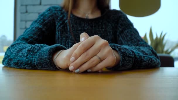 Close-up of wringing nervous woman hands. — Stock Video