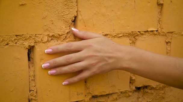 Frauenhand streicht sanft über Oberfläche, rutscht an steinerner Mauer des Altbaus . — Stockvideo