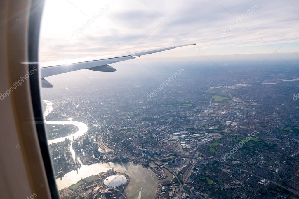 Aerial view of Central London through airplane window