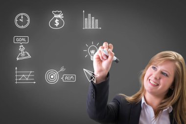 Başarılı iş kadını iş simgesi ve grafik çizim