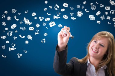 Başarılı iş kadını iş simgesi ve grafik çizim