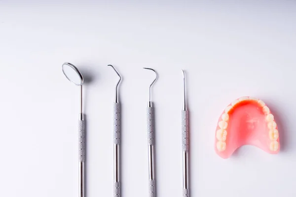 Set Metal Dentist Medical Equipment Tools Top View — Stock Photo, Image