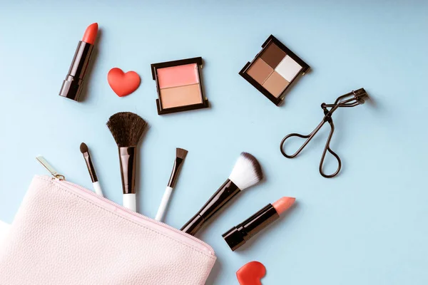 Set Prodotti Cosmetici Trucco Con Borsa Vista Dall Alto Stile — Foto Stock