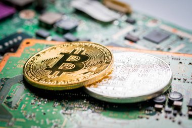 Bitcoin, Studio anakart arka plan üzerinde dijital para