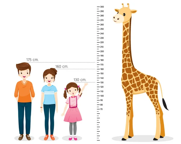 Homem Mulher Meninas Medindo Altura Com Girafa Alto Saudável Cuidar — Vetor de Stock