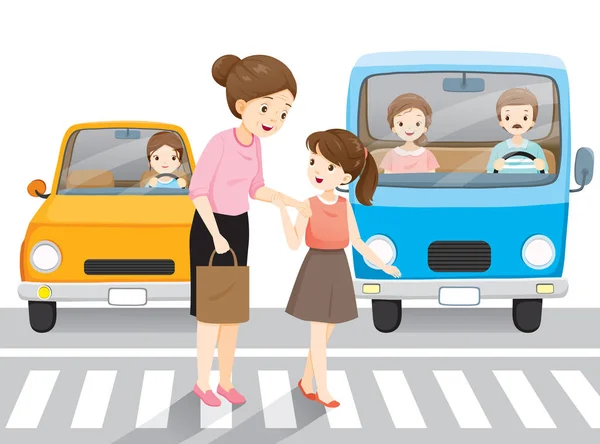 Young Girl Leading Old Woman Crossing Street Crosswalk Cars Waiting — Stock Vector
