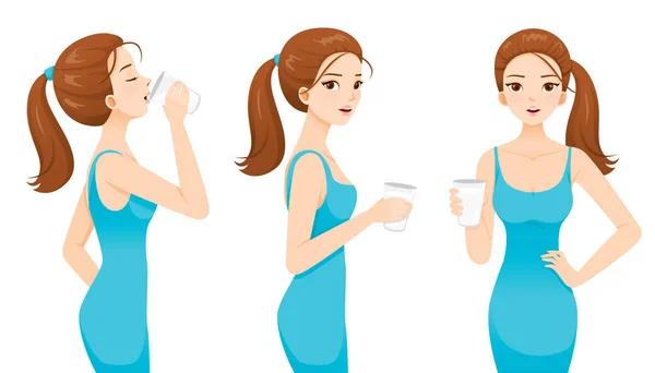 Mujer Bebiendo Leche Para Salud Mujer Buena Forma Vestido Azul — Vector de stock