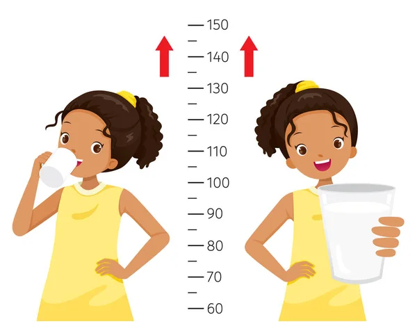 Dark Girl Drinking Milk For Health And Taller. Girl Measuring Her Height, Tall, Healthy, Care, People, Lifestyle — Stock Illustration Dark Girl Drinking Milk Health Taller Girl Measuring Her Height Stock Vector