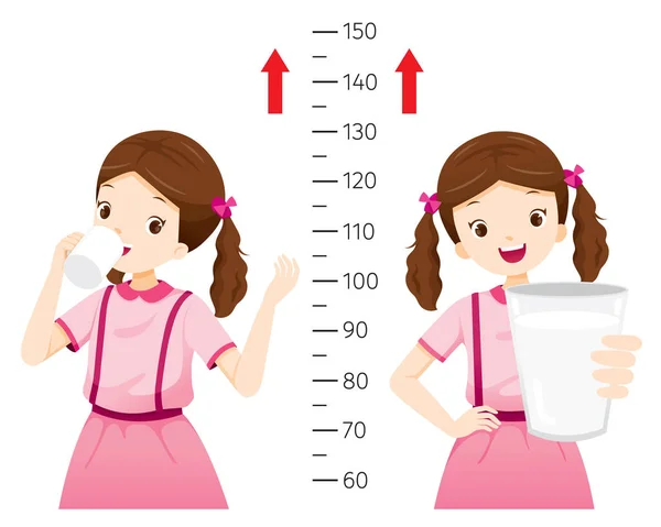 Girl Drinking Milk For Health And Taller. Girl Measuring Her Height, Tall, Healthy, Care, People, Lifestyle — Stock Illustration Girl Drinking Milk Health Taller Girl Measuring Her Height Tall Royalty Free Stock Illustrations