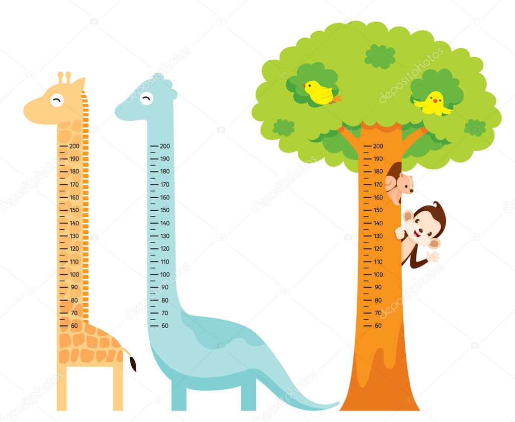 Measured Height Set With Giraffe, Dinosaur, Bird, Monkey, Squirrel, And Tree, Tall, Healthy, Care, People, Lifestyle