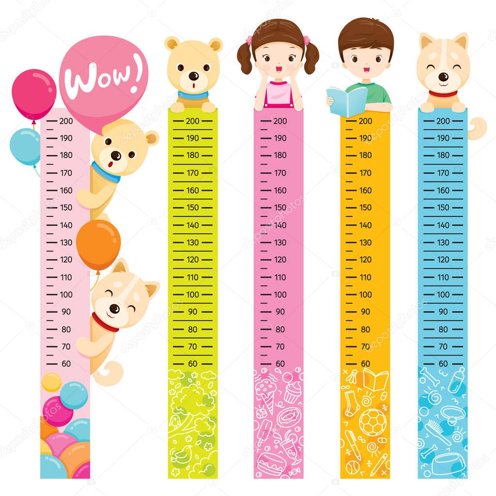 Measured Height Set With Girl, Boy, Dog And Bear, Tall, Healthy, Care, People, Lifestyle