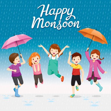 Şemsiye ve yağmurluk yağmurda atlama ile beş çocuk şakacı, muson, yağmurlu bir gün, sezon, yağmur damlası, insanlar, ilişki, batırılmış
