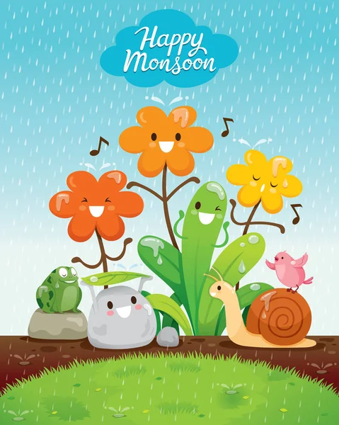 漫画のキャラクターの花と雨 モンスーン 雨の日 シーズン レイン ドロップ ずぶぬれで動物の幸福 — ストックベクタ