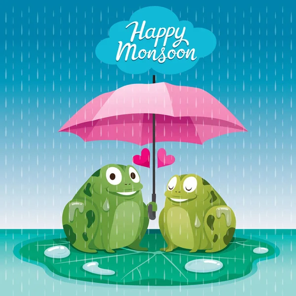 雨の日に一緒に傘の下にカエルのカップル彼ら幸せモンスーン雨の季節 レイン ドロップ — ストックベクタ