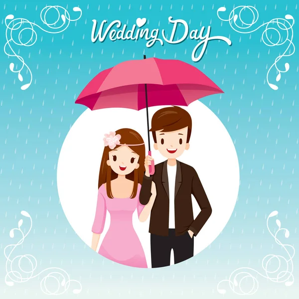 Paar Unter Regenschirm Zusammen Regen Sie Glücklich Regenzeit Auf Kreis — Stockvektor