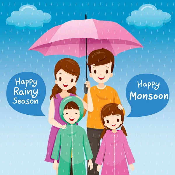 親と子供の下で傘一緒に雨の中 子供のレインコートを着て 雨の日 モンスーン シーズン ライフ スタイル — ストックベクタ