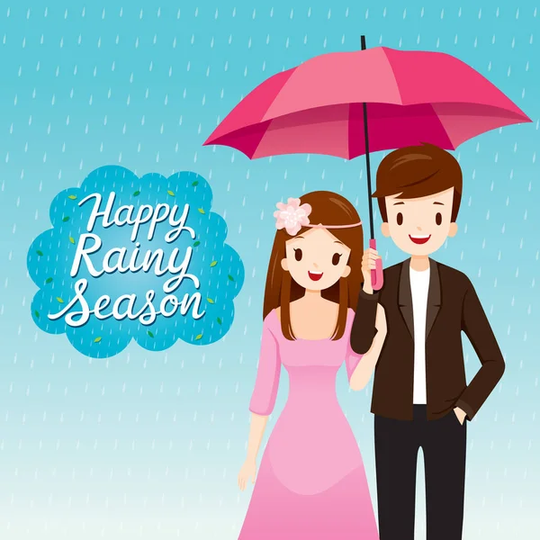 Pasangan Bawah Payung Bersama Dalam Hujan Mereka Happy Rainy Season - Stok Vektor