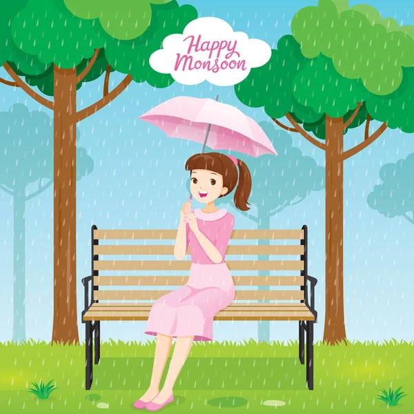 Šťastná Mladá Žena Pod Deštníkem Sedí Lavičce Parku Deštivý Den — Stockový vektor
