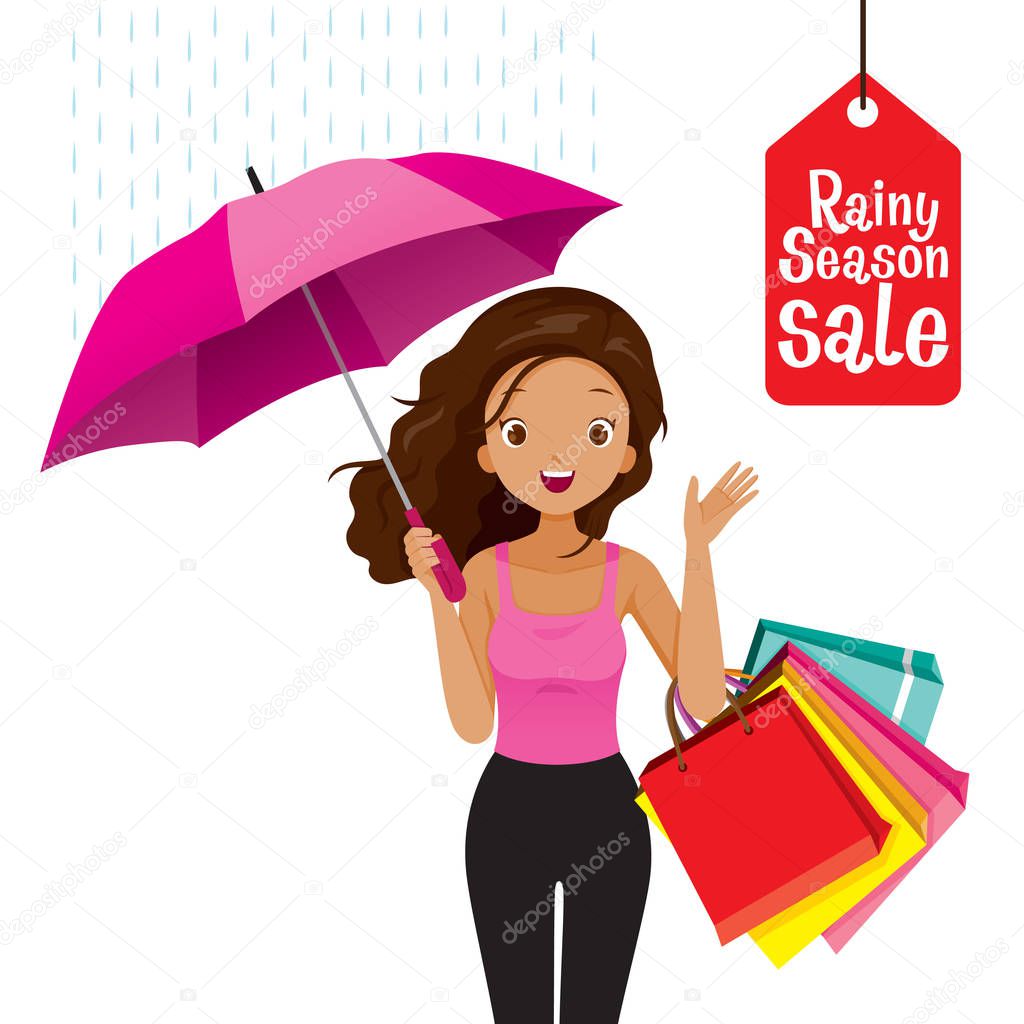 Rainy Season Sale, Dark Skin Woman Under Umbrella With Many Shopping Bags, Monsoon, Raindrop, People