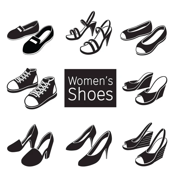 Gyűjtemény Különböző Női Cipő Pár Fekete Fehér Lábbeli Divat Objektumok — Stock Vector