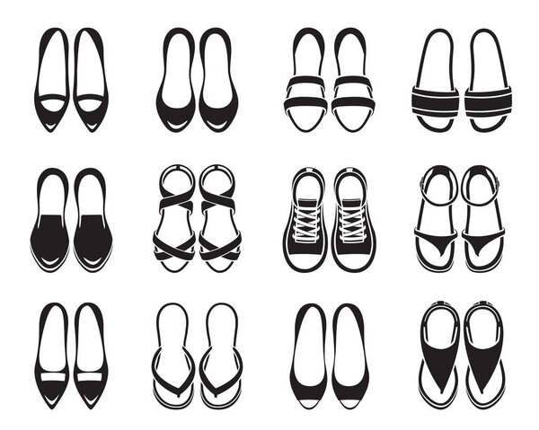 Set Of Different Types Of Women's Shoes Pair, Monochrome, Top View, Footwear, Fashion, Objects