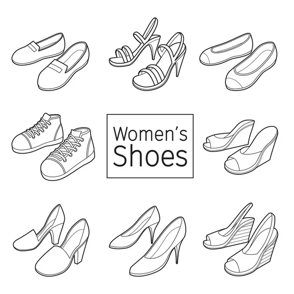 Farklı Kadın Koleksiyonu Ayakkabı Çifti Anahat Ayakkabı Moda Nesneleri — Stok Vektör