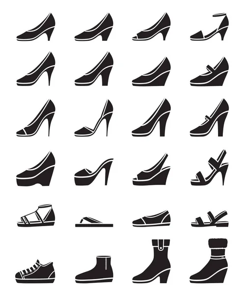 Conjunto Diferentes Tipos Zapatos Mujer Monocromo Vista Lateral Calzado Moda — Vector de stock