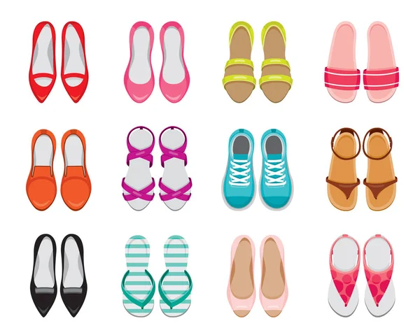 Ensemble Différents Types Chaussures Femmes Paire Vue Dessus Chaussures Mode — Image vectorielle