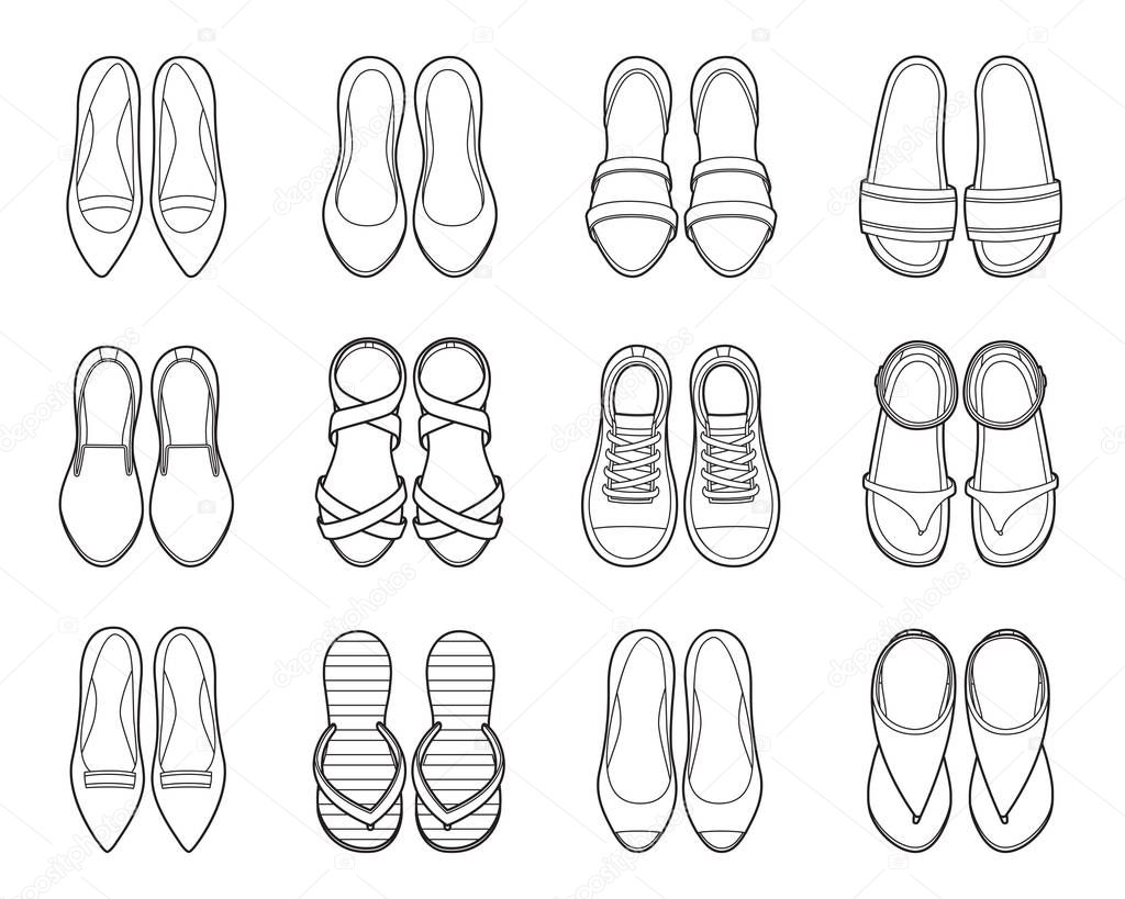 Set Of Different Types Of Women's Shoes Pair, Outline, Top View, Footwear, Fashion, Objects