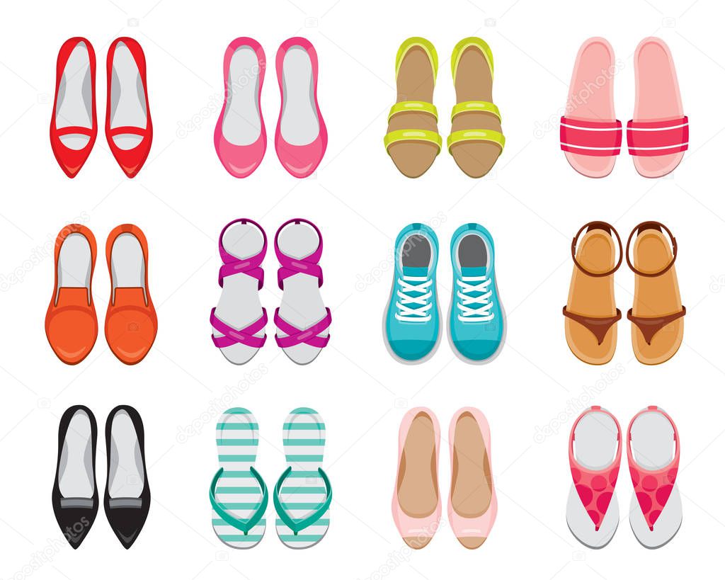 Set Of Different Types Of Women's Shoes Pair, Top View, Footwear, Fashion, Objects