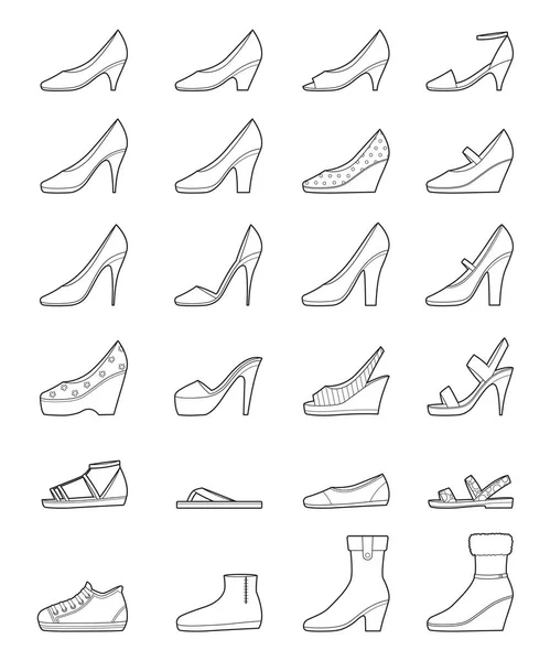 Kadın Ayakkabıları Anahat Yan Görünüm Ayakkabı Moda Nesneleri Farklı Türleri — Stok Vektör