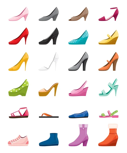 Set Van Verschillende Soorten Vrouwen Schoenen Zijaanzicht Schoeisel Fashion Objecten — Stockvector