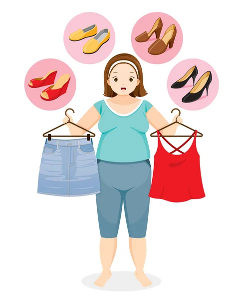 Fat Woman Decide Selecting Right Shoes Her Clothing Footwear Fashion — Stock Vector