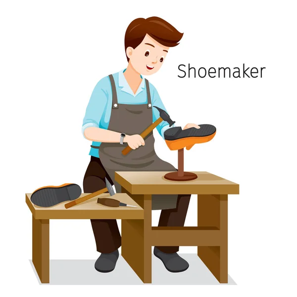 Sapateiro Reparando Sapatos Homem Ele Martelando Prego Calcanhar Sapato Calçado —  Vetores de Stock
