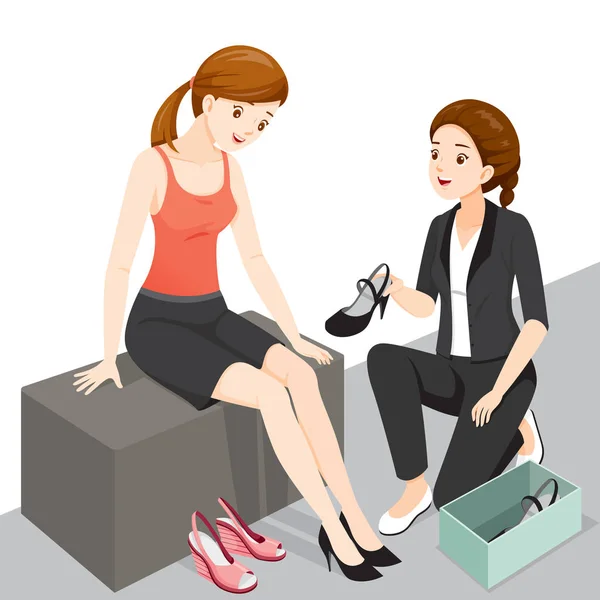Γυναικεία Παπούτσια Κατάστημα Την Πωλήτρια Και Πελάτες Υποδήματα Μόδα Αντικείμενα — Διανυσματικό Αρχείο
