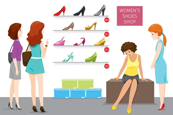 Vrouwen Schoenen Shop Met Verkoopster Klanten Schoeisel Fashion Objecten Bezetting — Stockvector