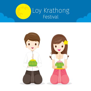 Loy Krathong Festivali, erkek ve kız Ulusal kostüm oturma, kutlama ve Tayland, Asya, bayram, sezon, din kültürü